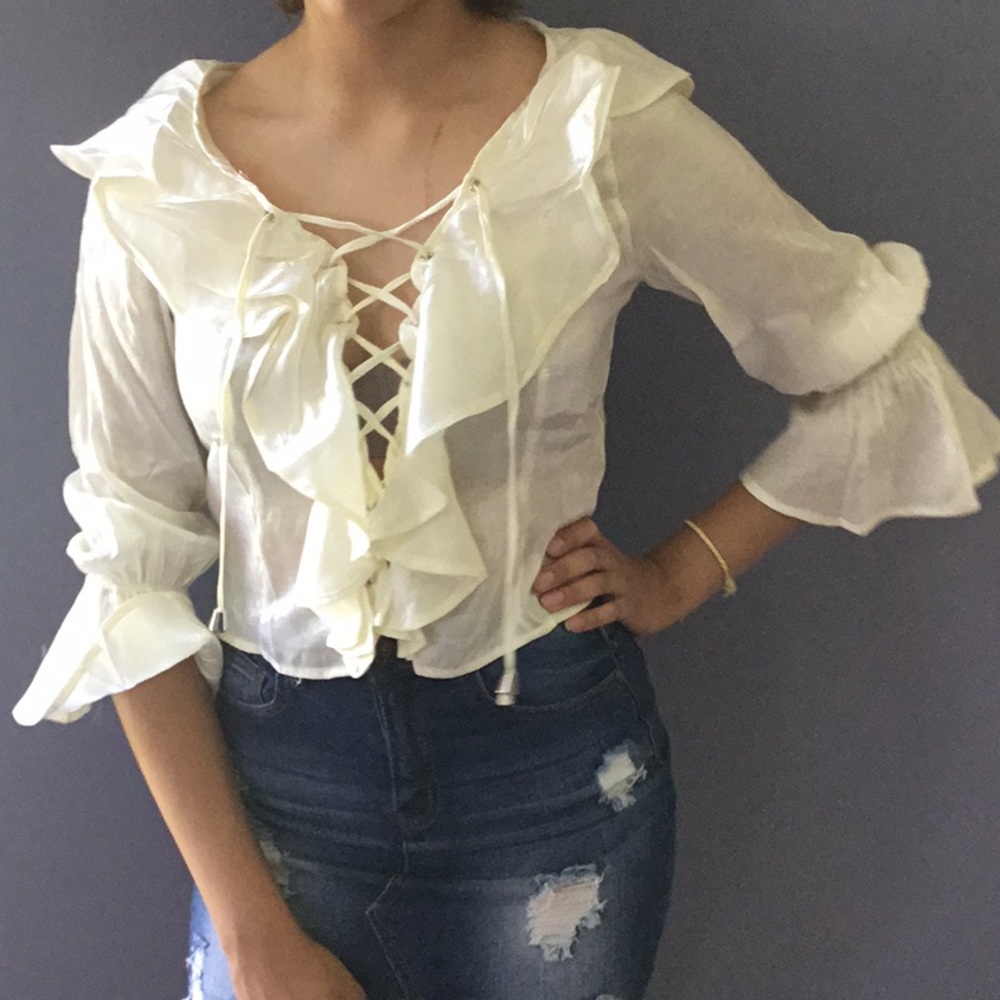 Ivory Faux Satin lace up top